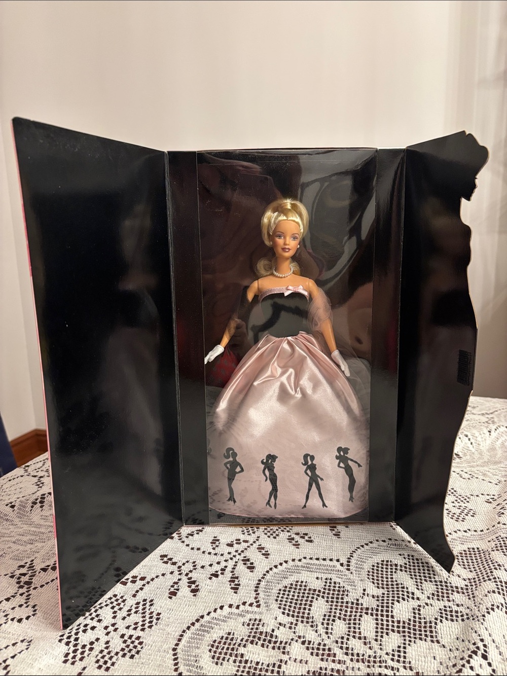 Barbie Timeless Silhouette Pink Satin Ball Gown Black Bodice and Pearl Necklace